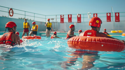 lifeguard training session at a pool, with lifeguards practicing rescue techniques, emphasizing the training and preparedness necessary to prevent drownings.