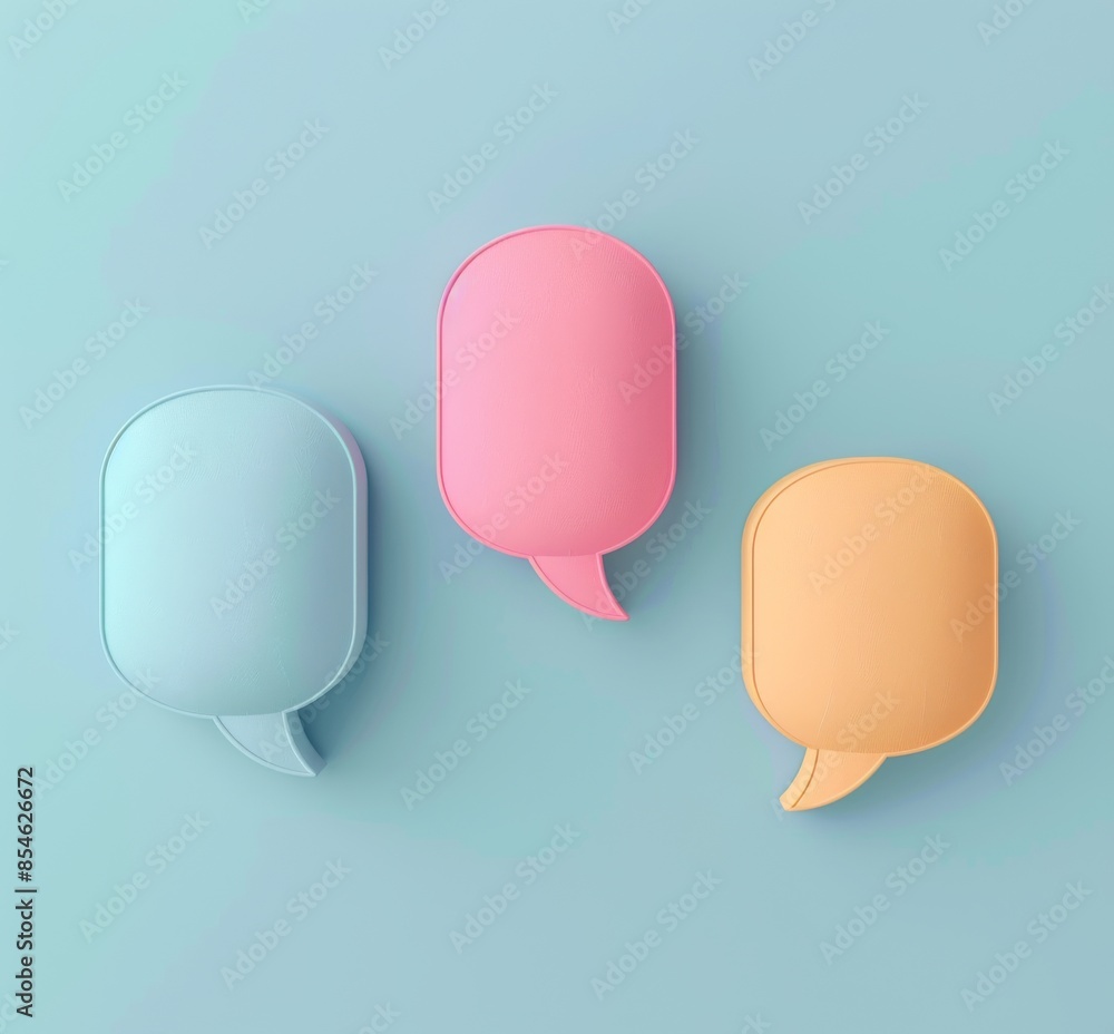 Poster glossy empty speech bubbles on blue background, modern roundish rectangles with bubble text volume