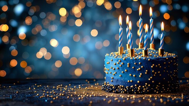 A blue birthday cake with lit candles, surrounded by a bokeh effect of warm lights - Powered by Adobe