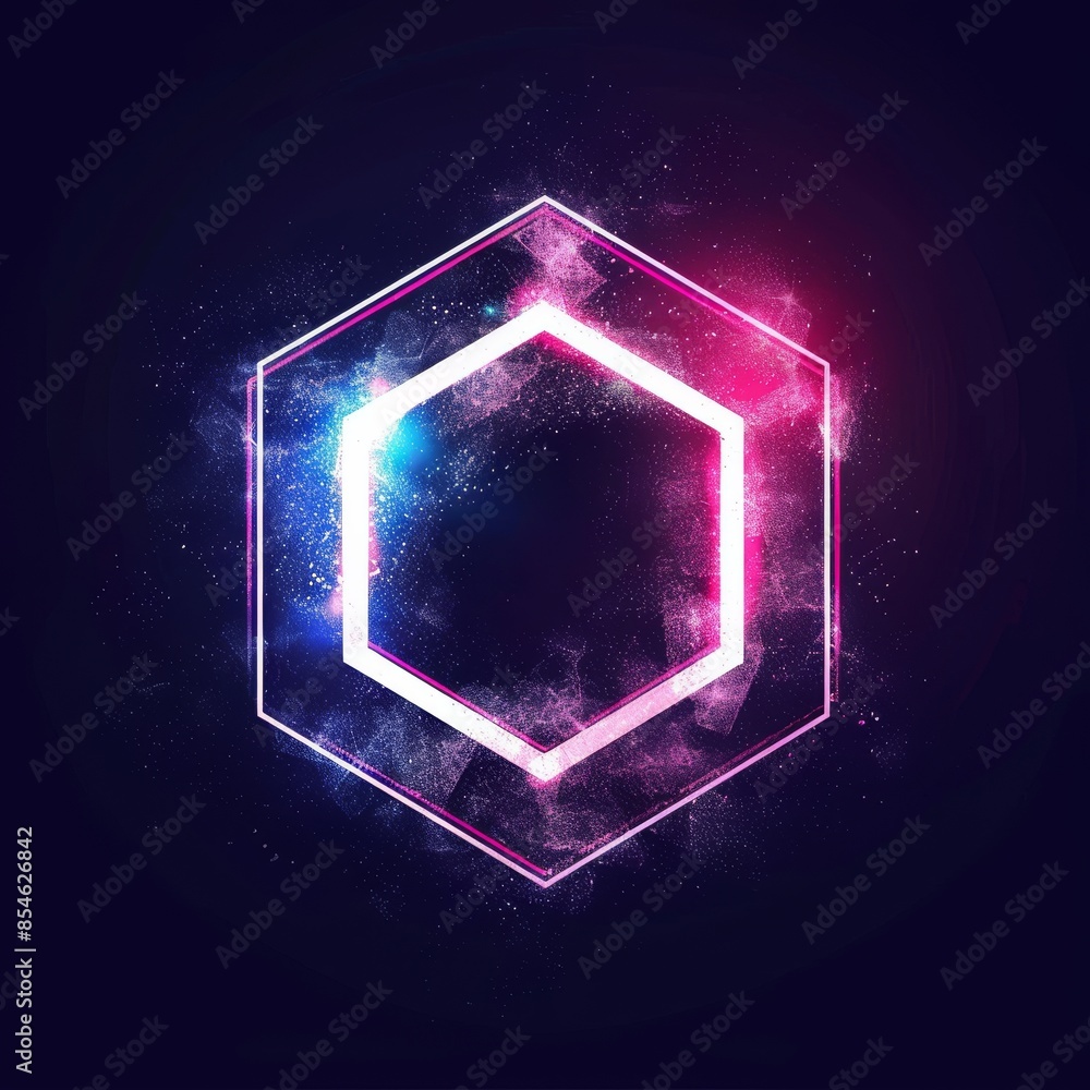 Poster modern illuminated dynamic border, abstract destroyed glitch frame with glowing hexagon with glitch 