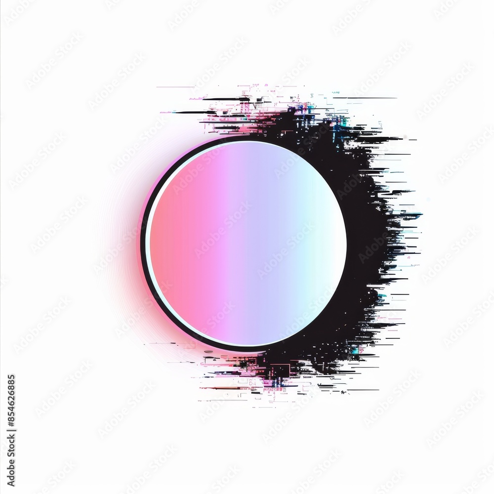 Poster circle with glitch and digital noise effect, round modern dynamic shape, abstract destroyed glitch c