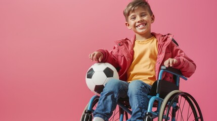 Handicapped or handicapped child sitting in a wheelchair holding a soccer ball, isolated