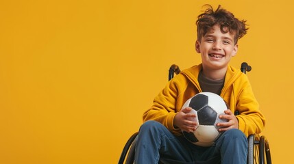 Handicapped or handicapped child sitting in a wheelchair holding a soccer ball, isolated