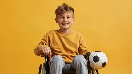 Handicapped or handicapped child sitting in a wheelchair holding a soccer ball, isolated