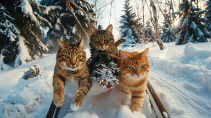 Photograph of three cats on a sleigh in winter holding a christmas tree