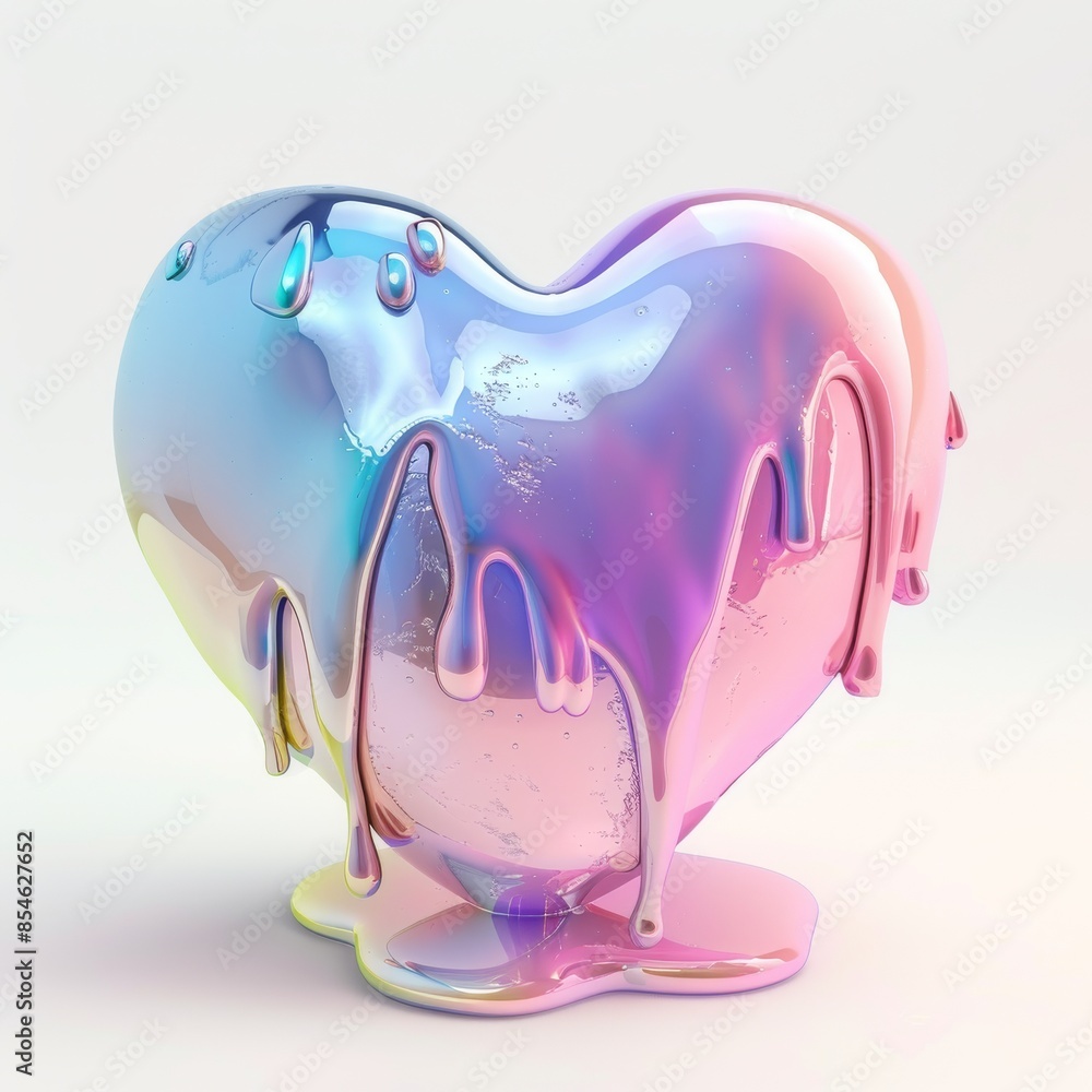Poster the background of this 3d heart has a glossy hologram effect with flowing foil drops.