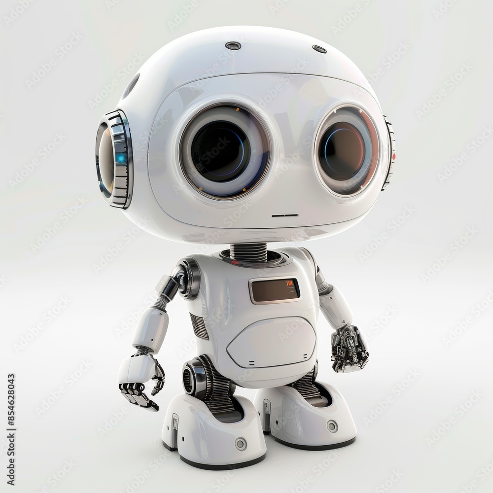 Poster a cartoon 3d robot with artificial intelligence in a cheerful mood on an isolated background.