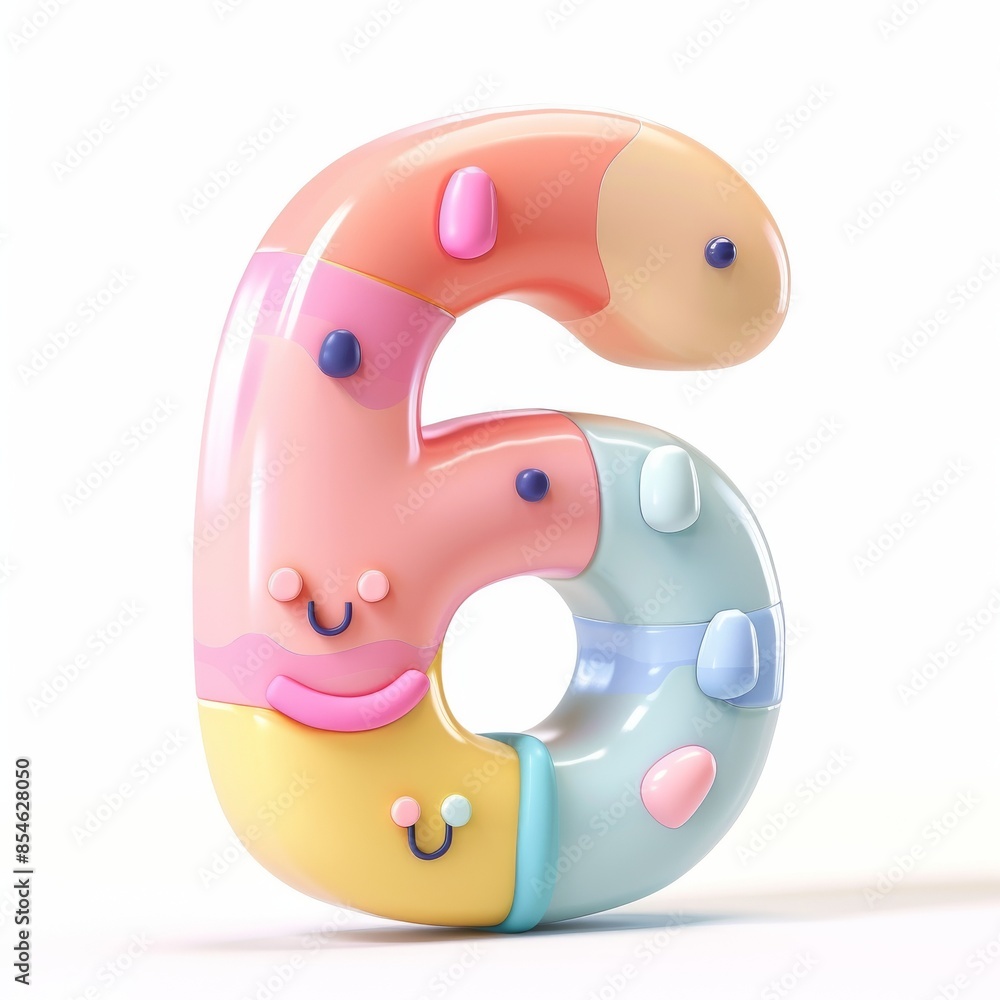 Poster modern 3d printing house with pink number 6 in glossy style with holographic gradient.