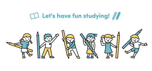 大きな鉛筆を持ってポーズをとる子どもたちのイラストセット