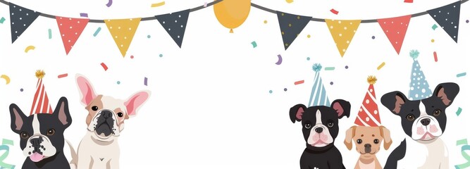 Various breeds of dogs wearing cone hats for a party or birthday theme.