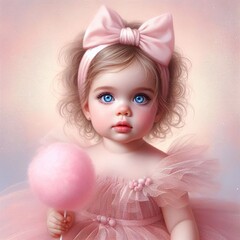 Fototapeta premium realistic airbrush painting of a baby girl in pastel pink tulle dress ,with a big bow,blue eyes, curly hair, pastel pink lips, pastel pink cotton candy in her hand