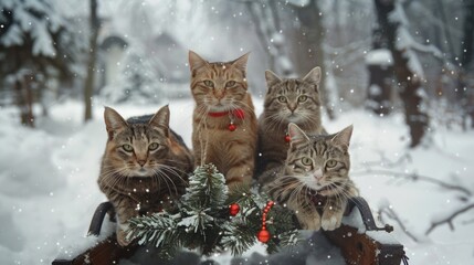 Photograph of three cats on a sleigh in winter holding a christmas tree
