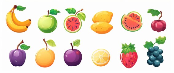 Isolated bananas, strawberries, cherries, grapes, watermelon, oranges, and pears from the whole fruits modern set