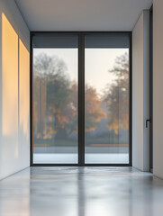 Modern minimalist interior with large window and morning sunlight.