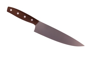 Closeup of large kitchen knife isolated on white background.