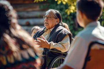 A senior man in a wheelchair explaining something to a group of people.