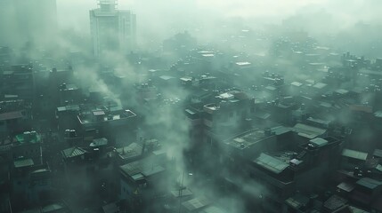 A dense urban neighborhood shrouded in smog, with people going about their daily lives despite the pollution