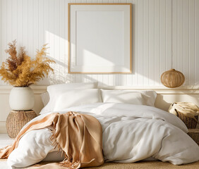 room with bed, white bedding and pillows, blank frame on the wall, modern bedroom interior design.
