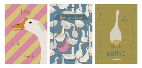Colorful geese on posters. Set of creative printable designs. Vector flat modern illusrations. 