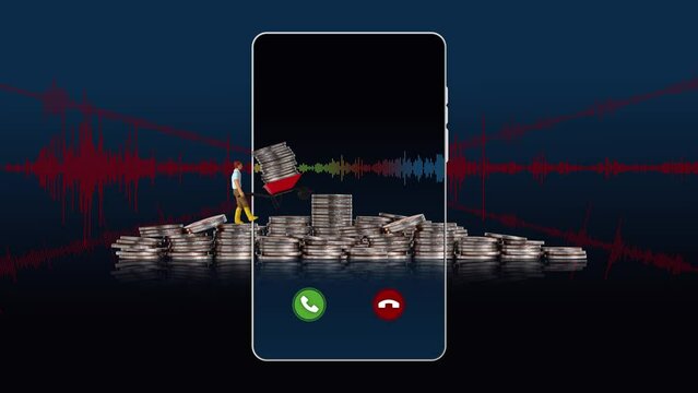 The concept of voice phishing. Miniature people carrying coins and business concept with graphs. 
