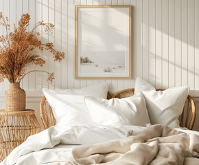 room with bed, white bedding and pillows, blank frame on the wall, modern bedroom interior design.