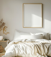 room with bed, white bedding and pillows, blank frame on the wall, modern bedroom interior design.