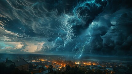 Fototapeta premium Massive storm approaching a small town, with towering black clouds and intense lightning, representing nature's fury at the end of the world 