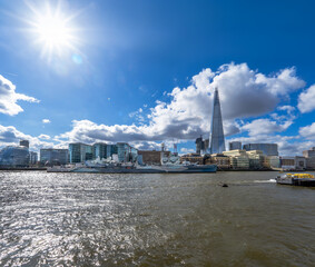 View of the River Thames in London with the Shard skyscraper in the background and the museum...