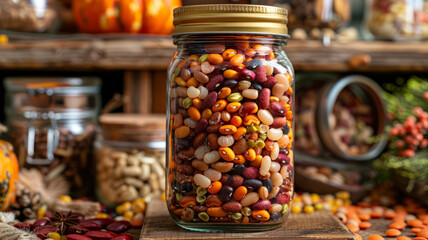 A jar filled with a variety of colorful beans on a rustic kitchen shelf.