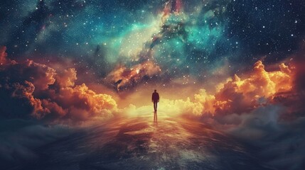 Fototapeta premium Scene of a person walking on a path made of stars through a cosmic landscape, where the ground and sky merge into a beautiful and surreal galaxy 