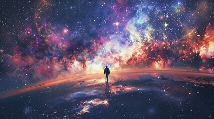 Obraz premium Scene of a person walking on a path made of stars through a cosmic landscape, where the ground and sky merge into a beautiful and surreal galaxy 