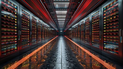 A long hallway in a data center with rows of server racks on both sides