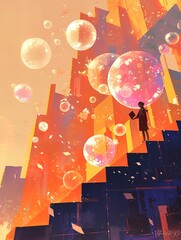 Cartoon illustration of the graduation season poster for the college entrance examination, with students standing in front of colorful balloons and bubbles
