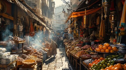 A busy market with many people and a lot of fruit