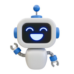 3D illustration of a cheerful robot mascot with blue accents and a smiling face, representing technology and friendly AI design.