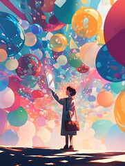Cartoon illustration of the graduation season poster for the college entrance examination, with students standing in front of colorful balloons and bubbles
