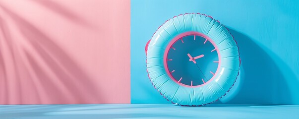 Naklejka premium An inflatable ring shaped like an alarm clock rests on a soft pastel backdrop, evoking a sense of summer fun and the importance of time. This creative and minimalist image conveys themes of vacation
