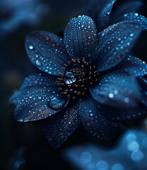 Fototapeta premium Realistic portrait photo macro shot, retro black and white of botanical dark blue flower with dark background, wallpaper, wall art