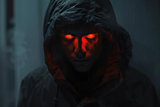 Dark portrait of a man in a hood with glowing eyes. Generated by artificial intelligence