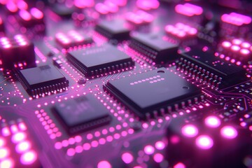 Fototapeta premium Close-up of Illuminated Circuit Board with Microchips - Futuristic Technology Concept for Electronics and Computing