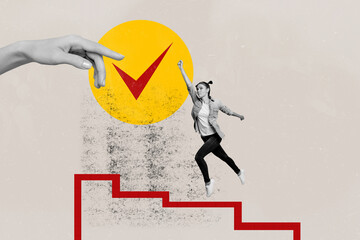 Composite collage picture image of female run stairs checkmark career work progress concept unusual...