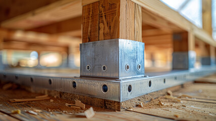 Close-up of wooden frame with metal brackets in a construction site.