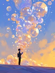Cartoon illustration of the graduation season poster for the college entrance examination, with students standing in front of colorful balloons and bubbles
