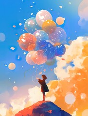 Cartoon illustration of the graduation season poster for the college entrance examination, with students standing in front of colorful balloons and bubbles
