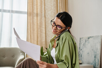 A woman sitting on a couch, deep in thought while reading a piece of paper.