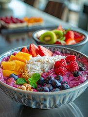 Smoothie bowl with fruits and berries, vibrant and healthy breakfast.