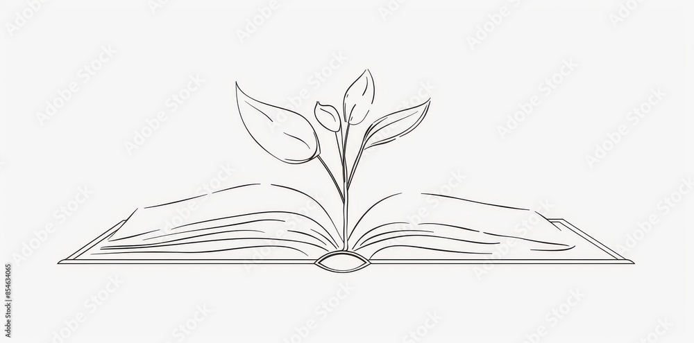 Poster plant with open book in continuous line drawing of the tree of knowledge