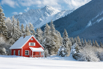beautiful mountain landscape and a cozy wooden house in a snowy forest. Vacation and winter holidays concept	