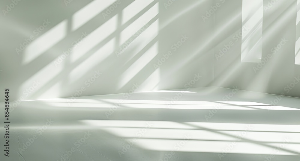 Poster light gray abstract background with light from a window on the wall and intricate shadows.