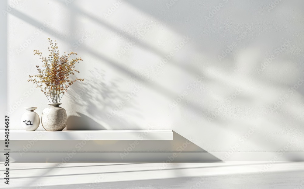 Aufkleber presentation background with wall and podium. a shadow is cast by the sunlight from the window.